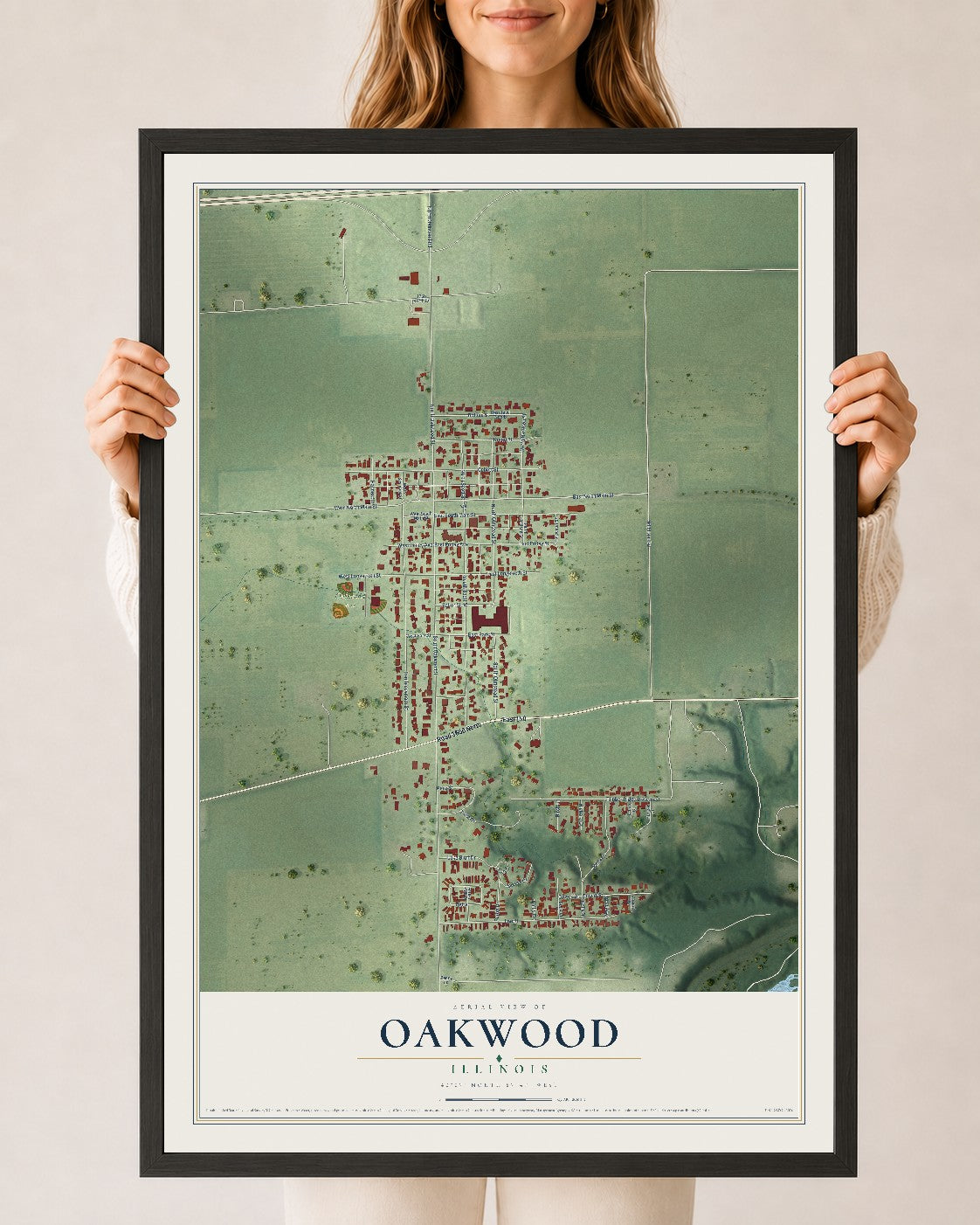 Map of Oakwood, Illinois, 24 x 36 inch print in a black wood frame