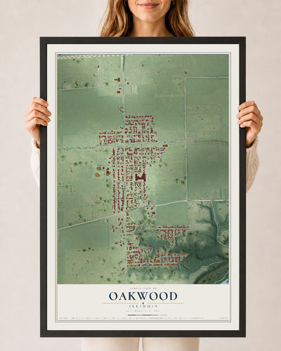 Map of Oakwood, Illinois, 24 x 36 inch print in a black wood frame