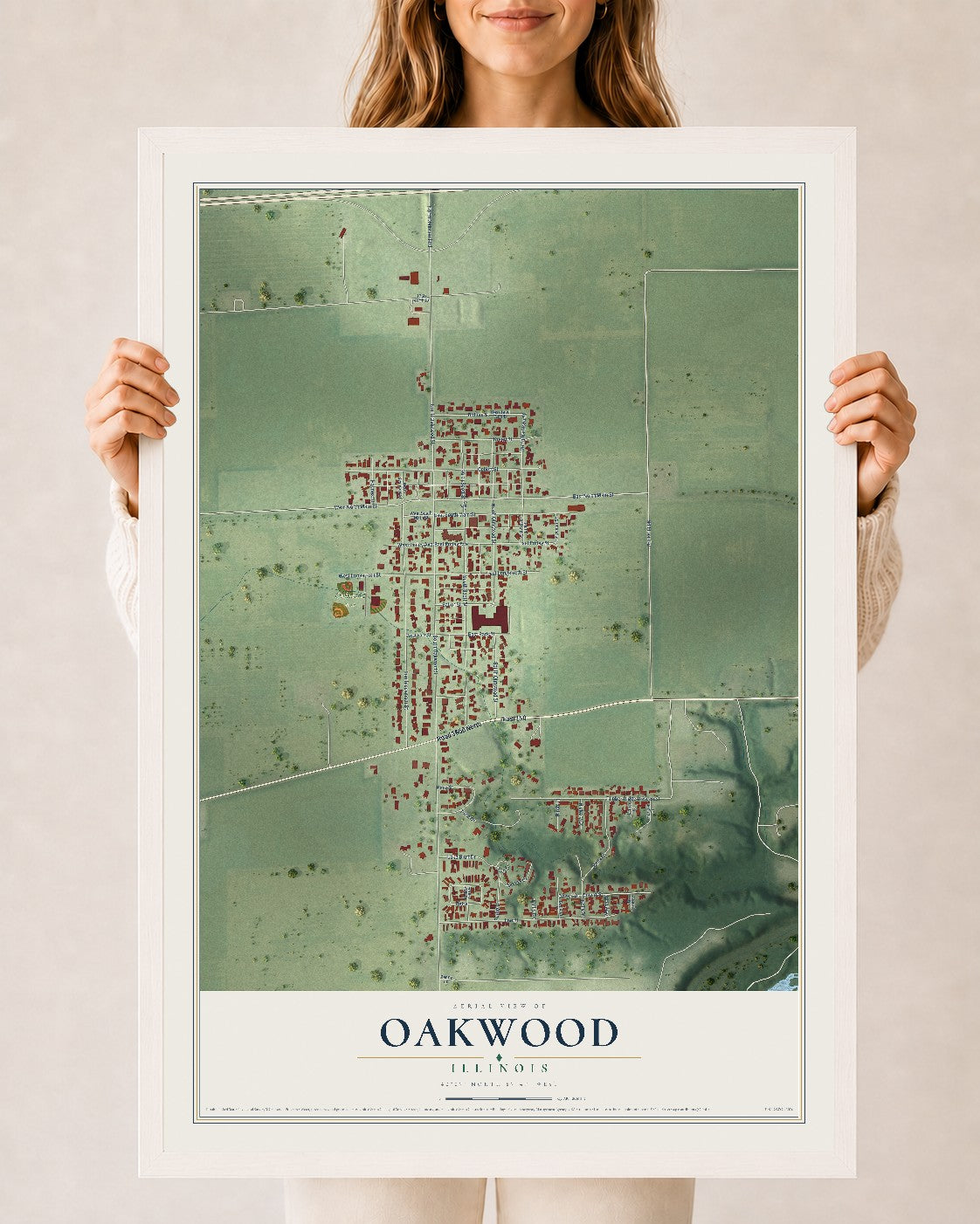 Map of Oakwood, Illinois, 24 x 36 inch print in a white wood frame