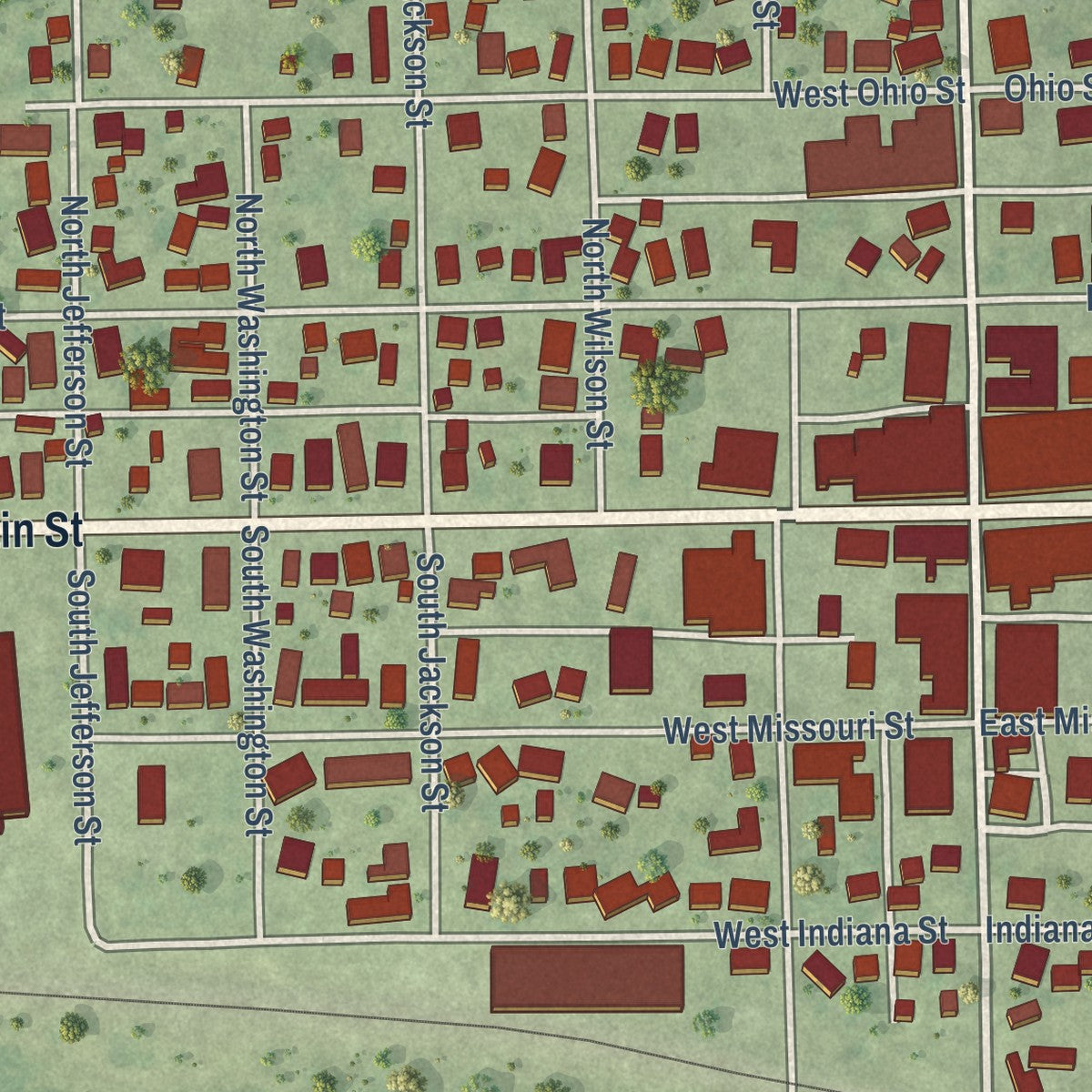Close-up of the map of Oblong, Illinois print showing street and building detail