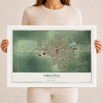 Map of Oblong, Illinois, 12 x 18 inch print in a white wood frame