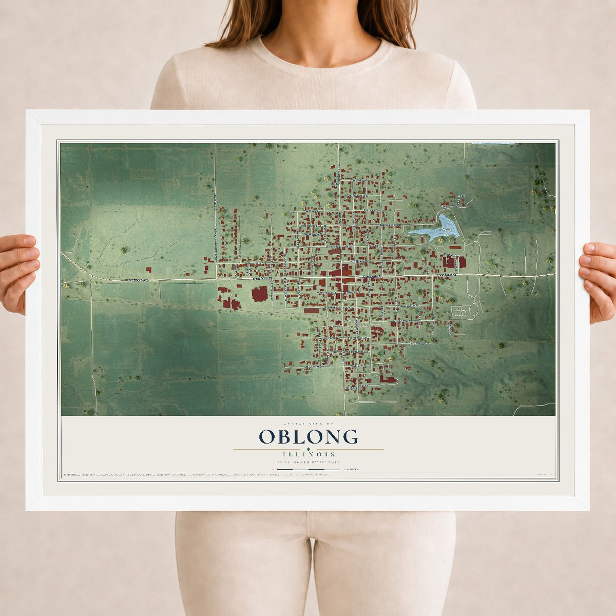 Map of Oblong, Illinois, 18 x 24 inch print in a white wood frame