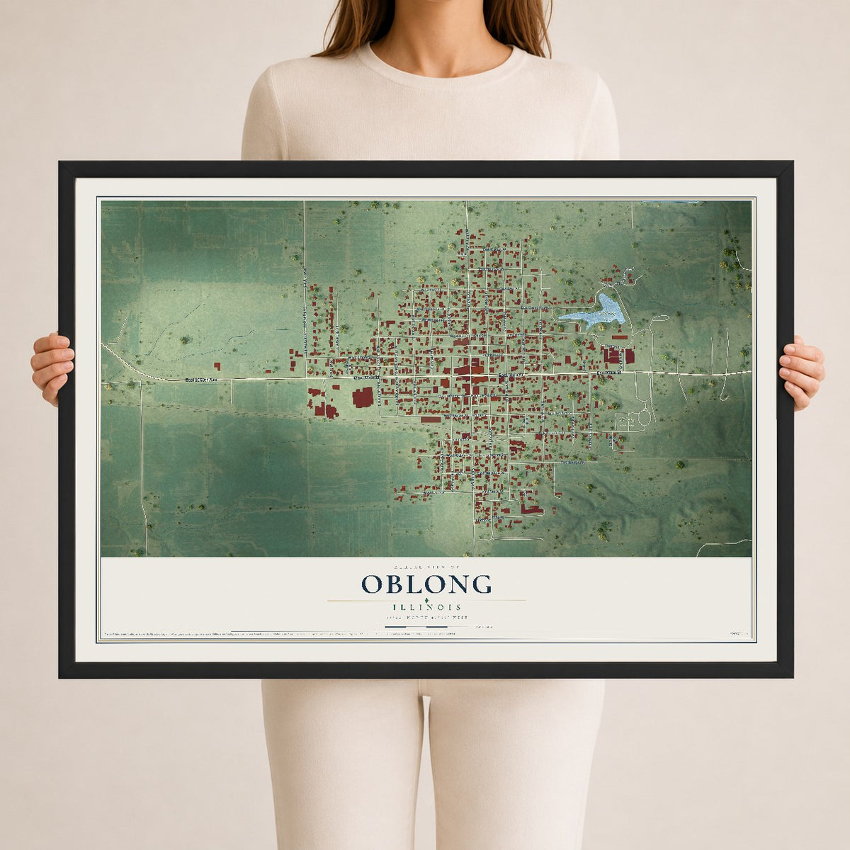 Map of Oblong, Illinois, 24 x 36 inch print in a black wood frame