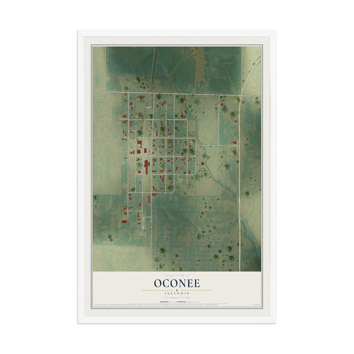 Map of Oconee, Illinois, 12 x 18 inch print in a white wood frame