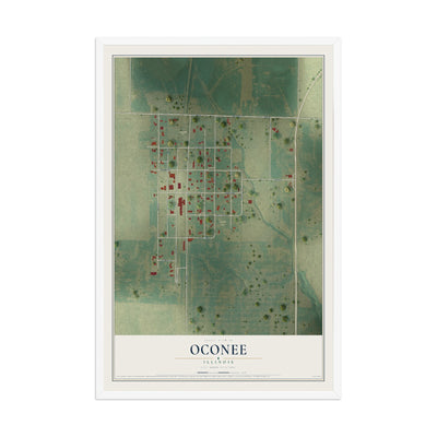 Map of Oconee, Illinois, 12 x 18 inch print in a white wood frame