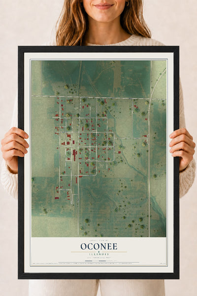 Map of Oconee, Illinois, 18 x 24 inch print in a black wood frame