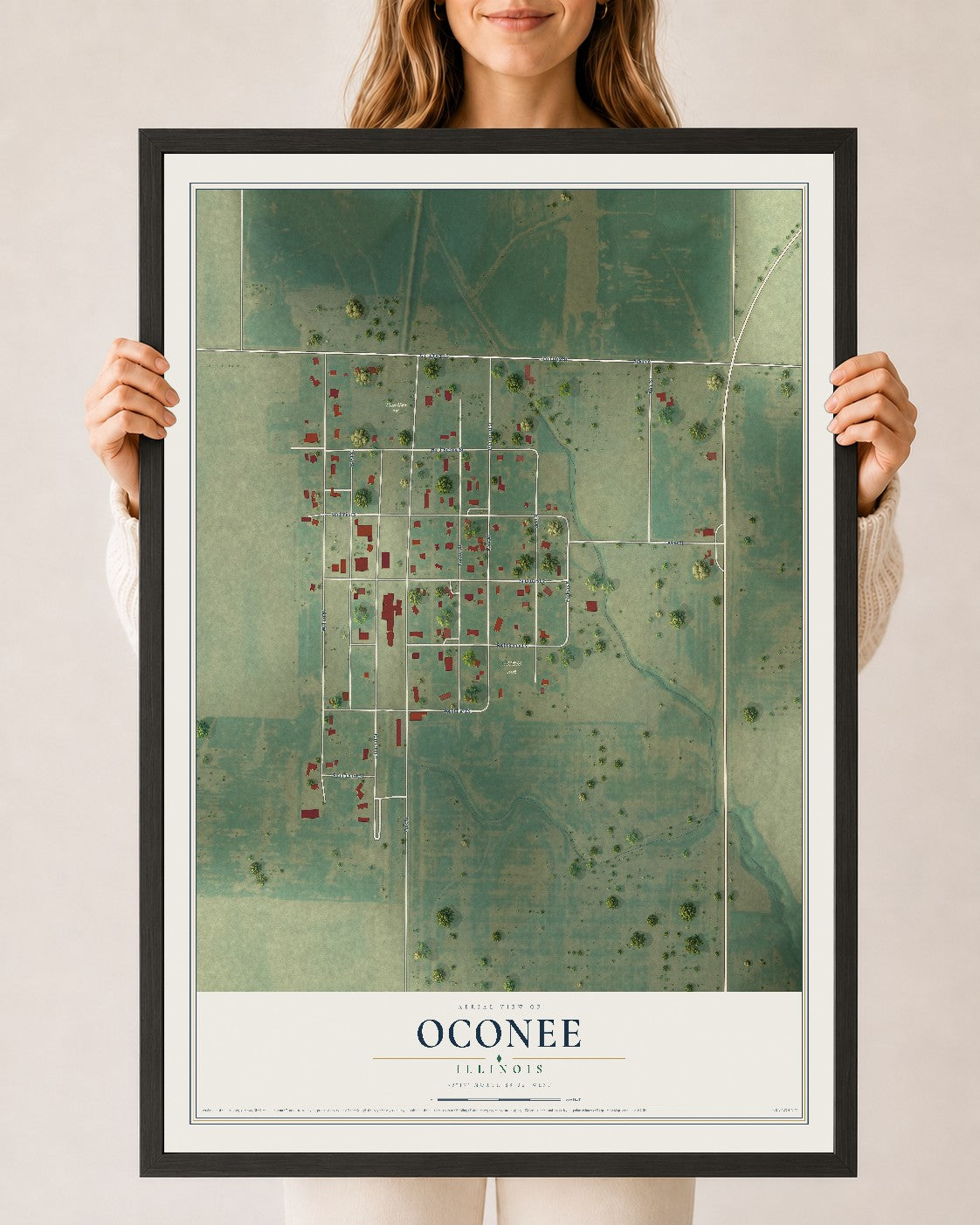 Map of Oconee, Illinois, 24 x 36 inch print in a black wood frame