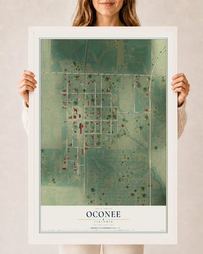 Map of Oconee, Illinois, 24 x 36 inch print in a white wood frame