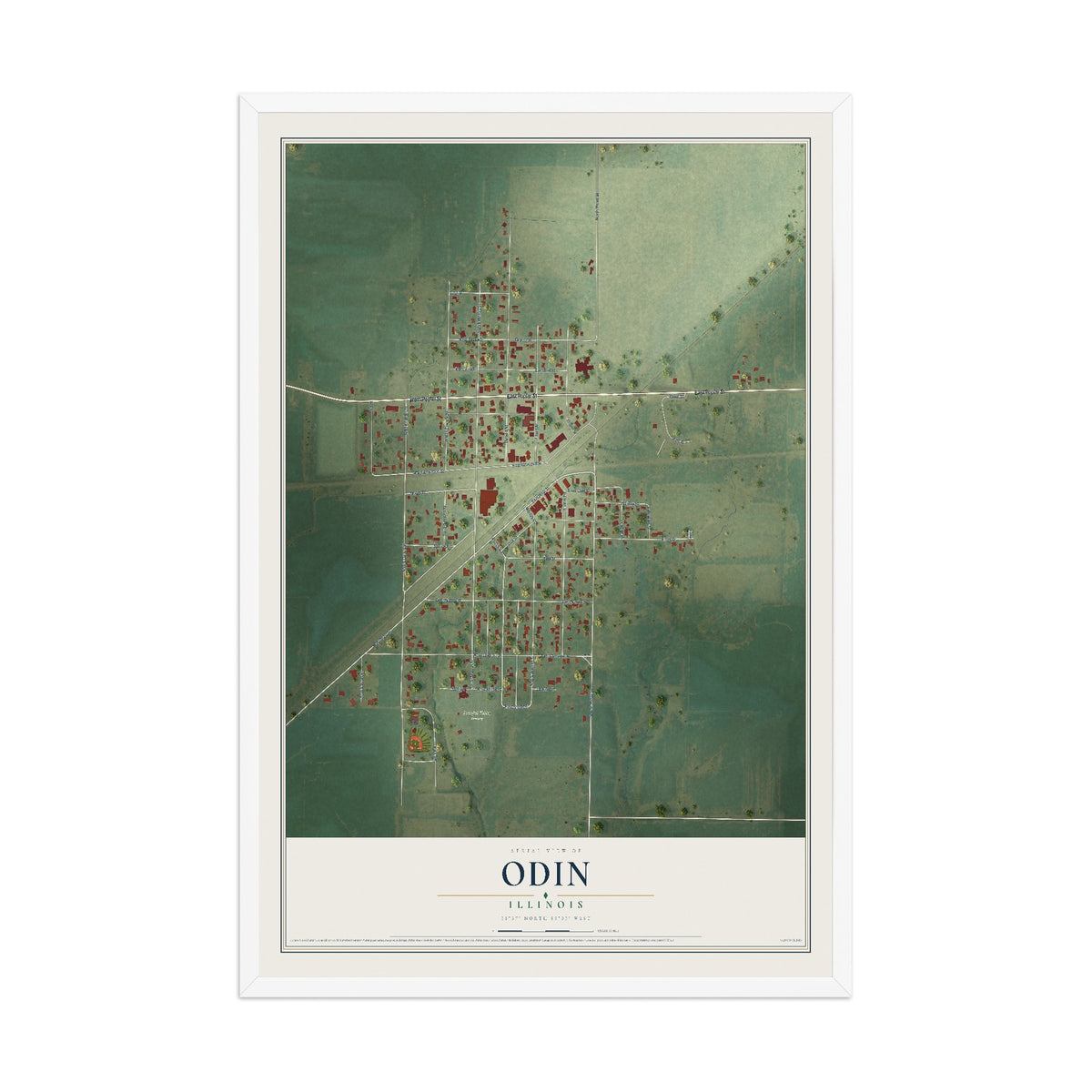 Map of Odin, Illinois, 12 x 18 inch print in a white wood frame