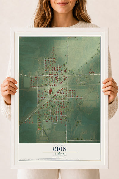 Map of Odin, Illinois, 18 x 24 inch print in a white wood frame