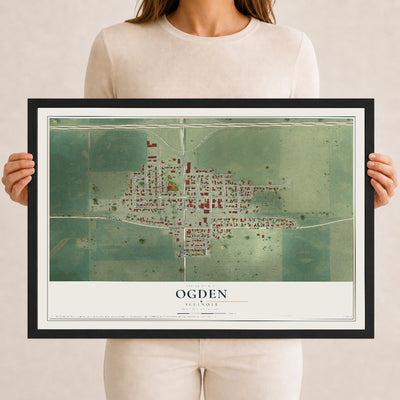Map of Ogden, Illinois, 12 x 18 inch print in a black wood frame
