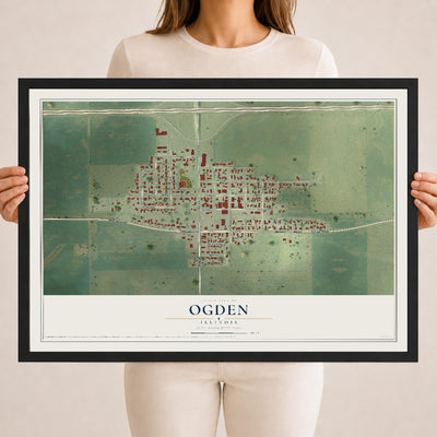 Map of Ogden, Illinois, 18 x 24 inch print in a black wood frame
