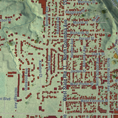Close-up of the map of Oglesby, Illinois print showing street and building detail