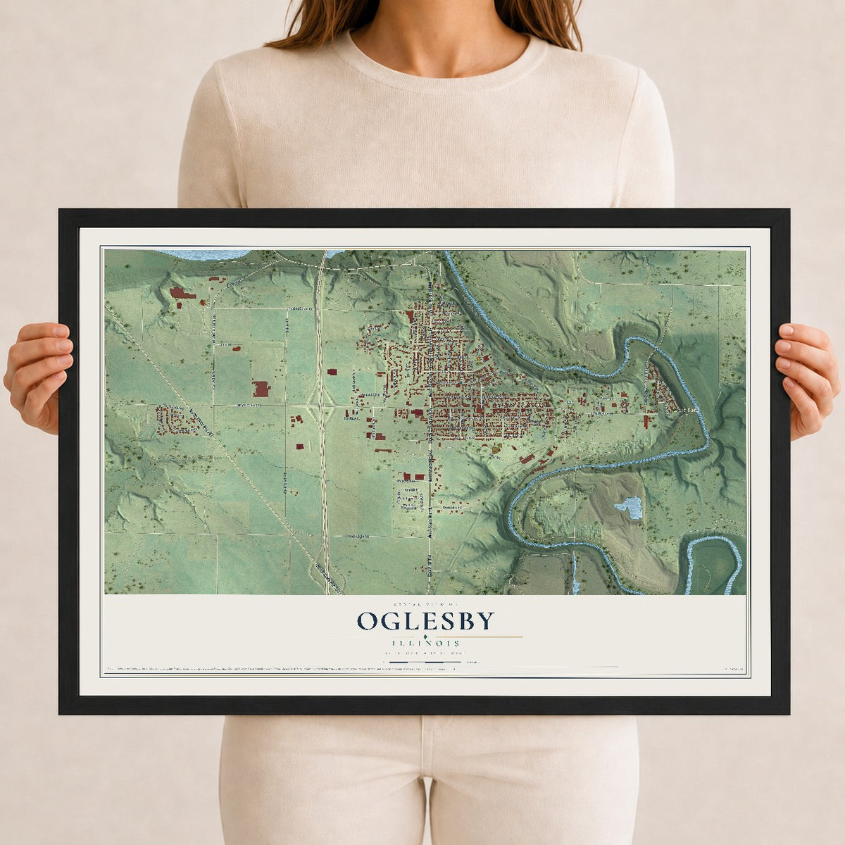 Map of Oglesby, Illinois, 12 x 18 inch print in a black wood frame