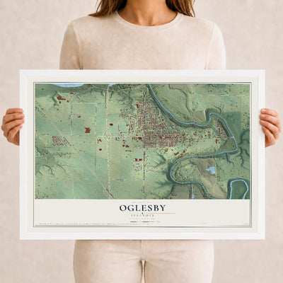 Map of Oglesby, Illinois, 12 x 18 inch print in a white wood frame