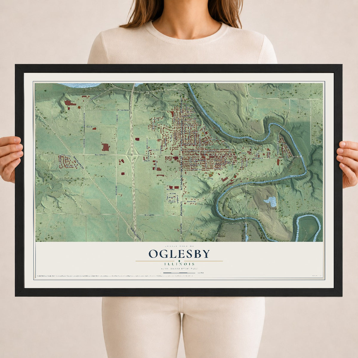 Map of Oglesby, Illinois, 18 x 24 inch print in a black wood frame