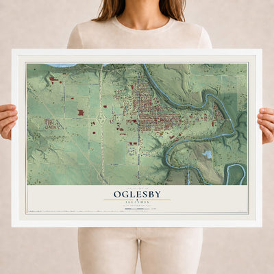 Map of Oglesby, Illinois, 18 x 24 inch print in a white wood frame