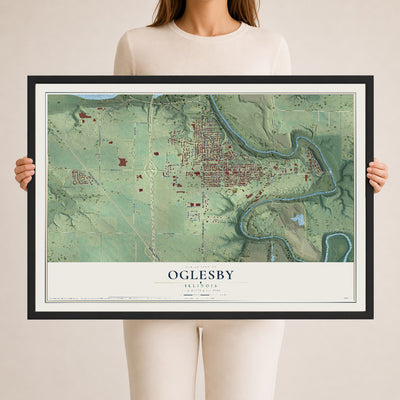 Map of Oglesby, Illinois, 24 x 36 inch print in a black wood frame
