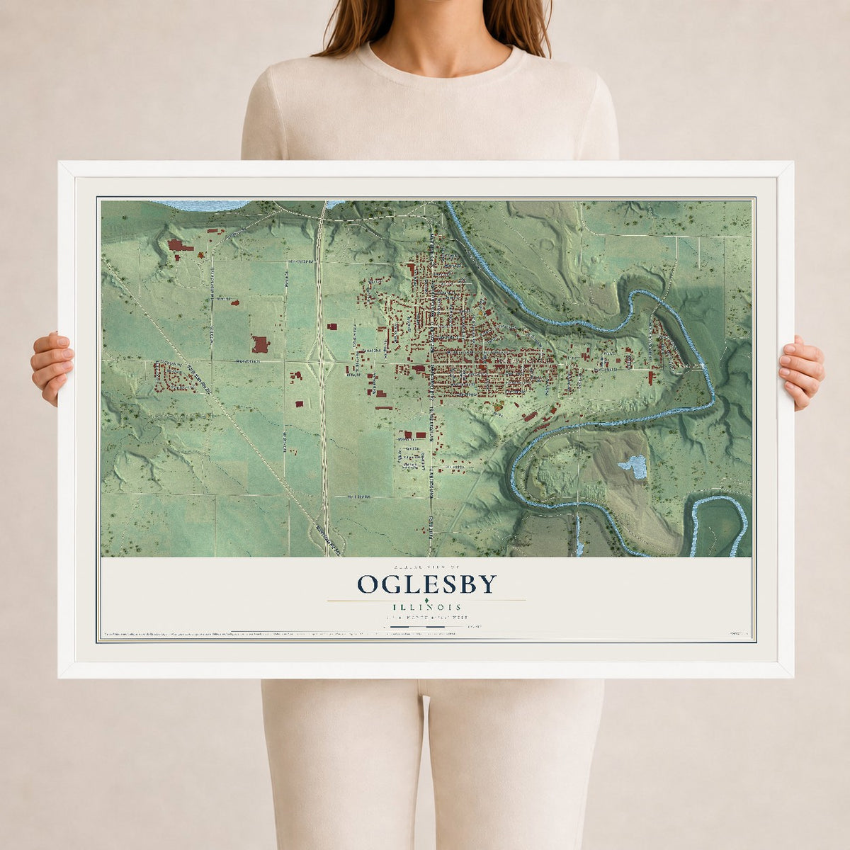 Map of Oglesby, Illinois, 24 x 36 inch print in a white wood frame