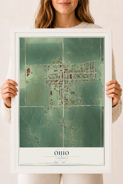 Map of Ohio, Illinois, 18 x 24 inch print in a white wood frame