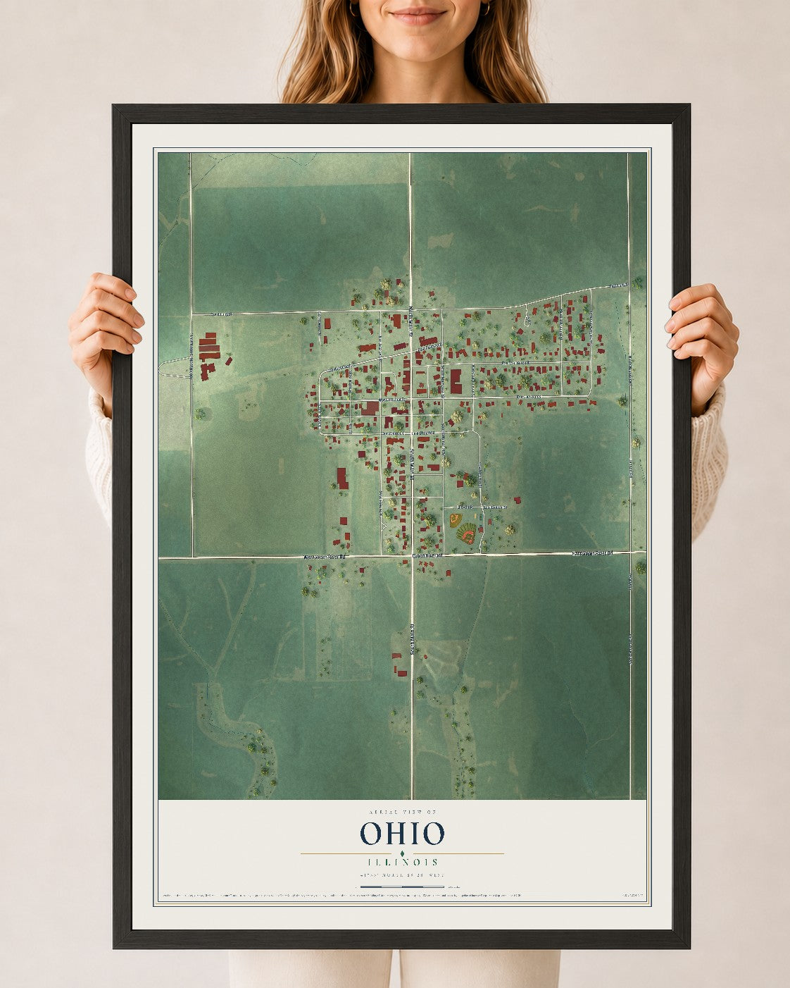 Map of Ohio, Illinois, 24 x 36 inch print in a black wood frame