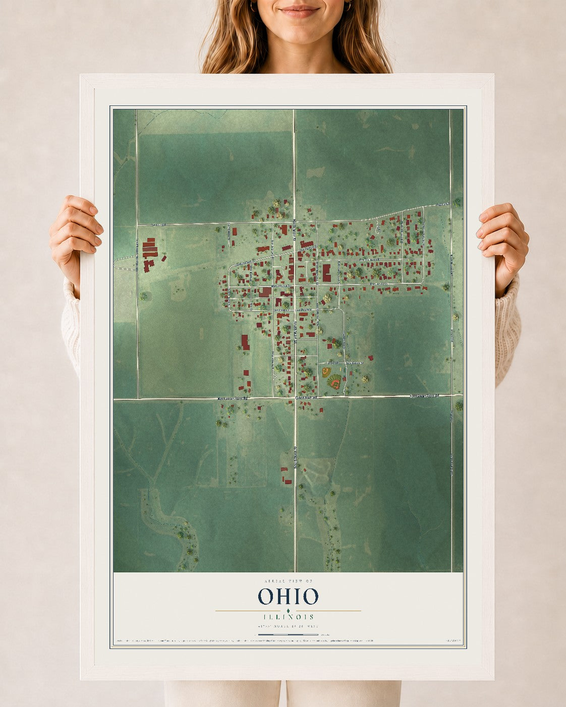 Map of Ohio, Illinois, 24 x 36 inch print in a white wood frame