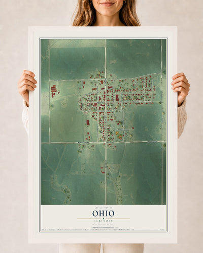 Map of Ohio, Illinois, 24 x 36 inch print in a white wood frame