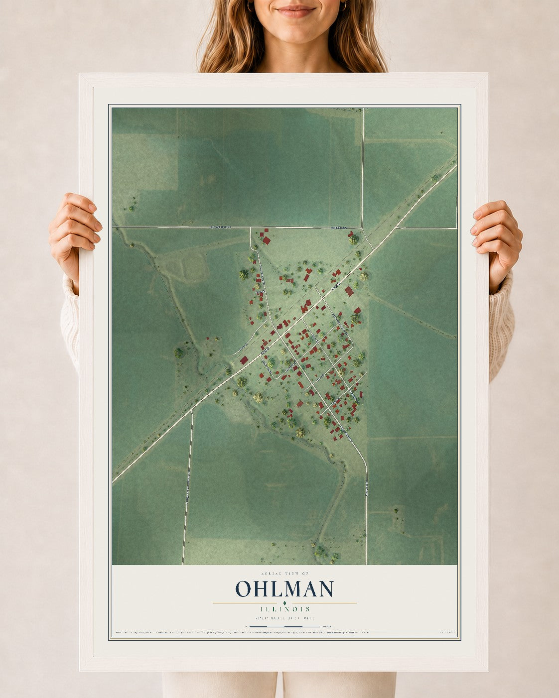 Map of Ohlman, Illinois, 24 x 36 inch print in a white wood frame