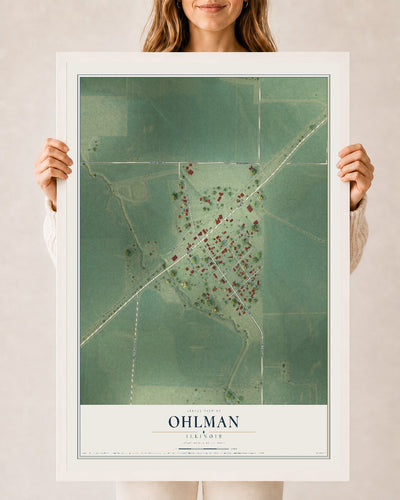 Map of Ohlman, Illinois, 24 x 36 inch print in a white wood frame