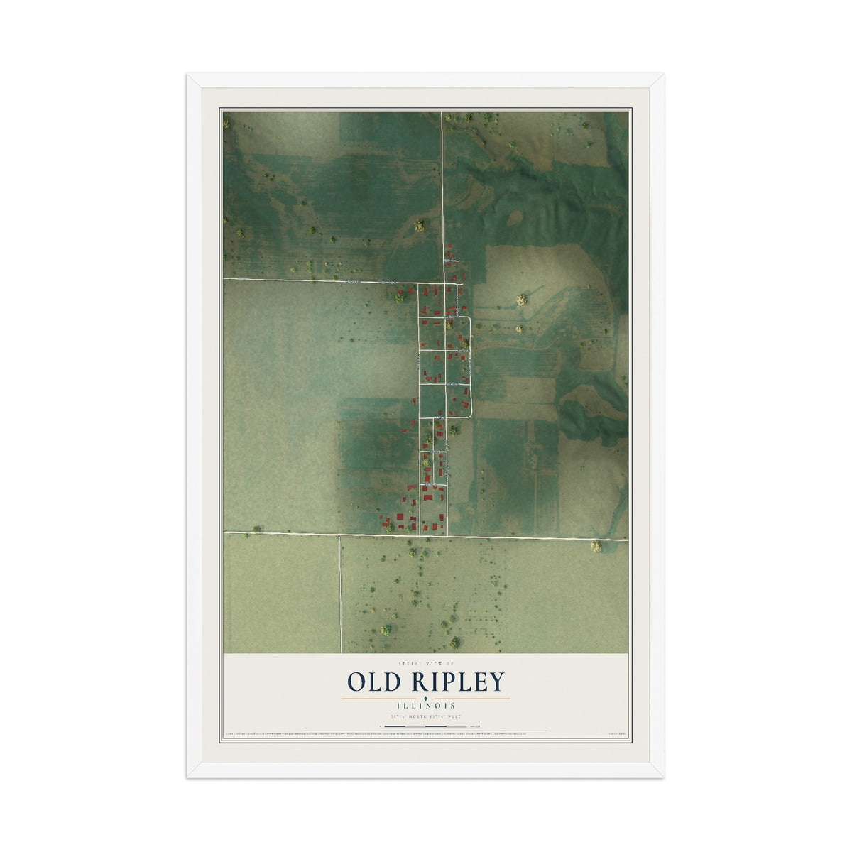 Map of Old Ripley, Illinois, 12 x 18 inch print in a white wood frame