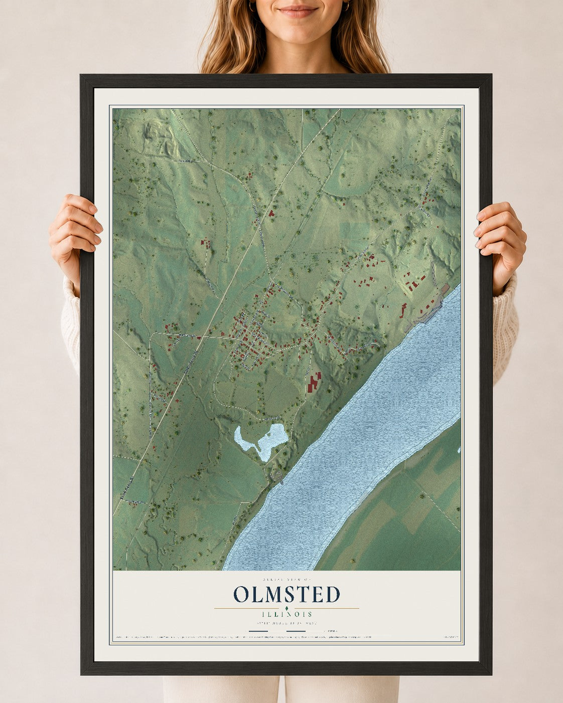 Map of Olmsted, Illinois, 24 x 36 inch print in a black wood frame