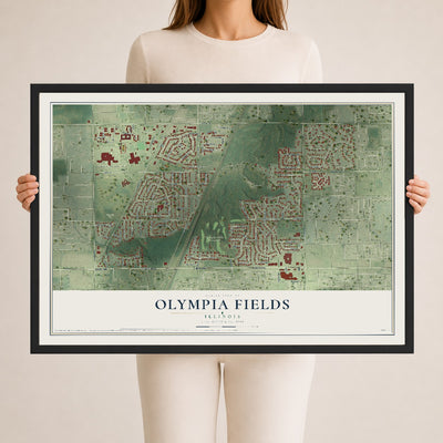 Map of Olympia Fields, Illinois, 24 x 36 inch print in a black wood frame