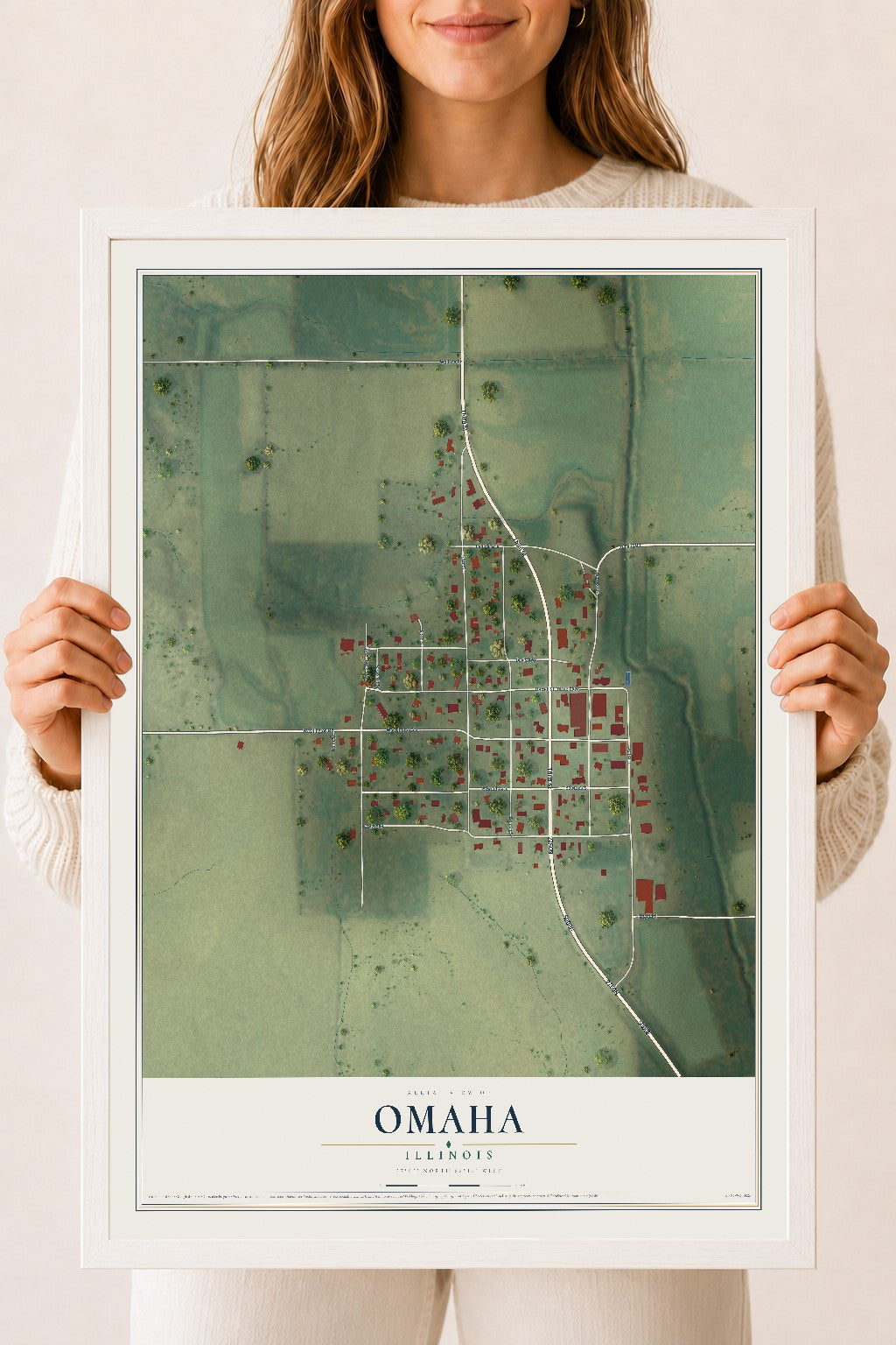 Map of Omaha, Illinois, 18 x 24 inch print in a white wood frame