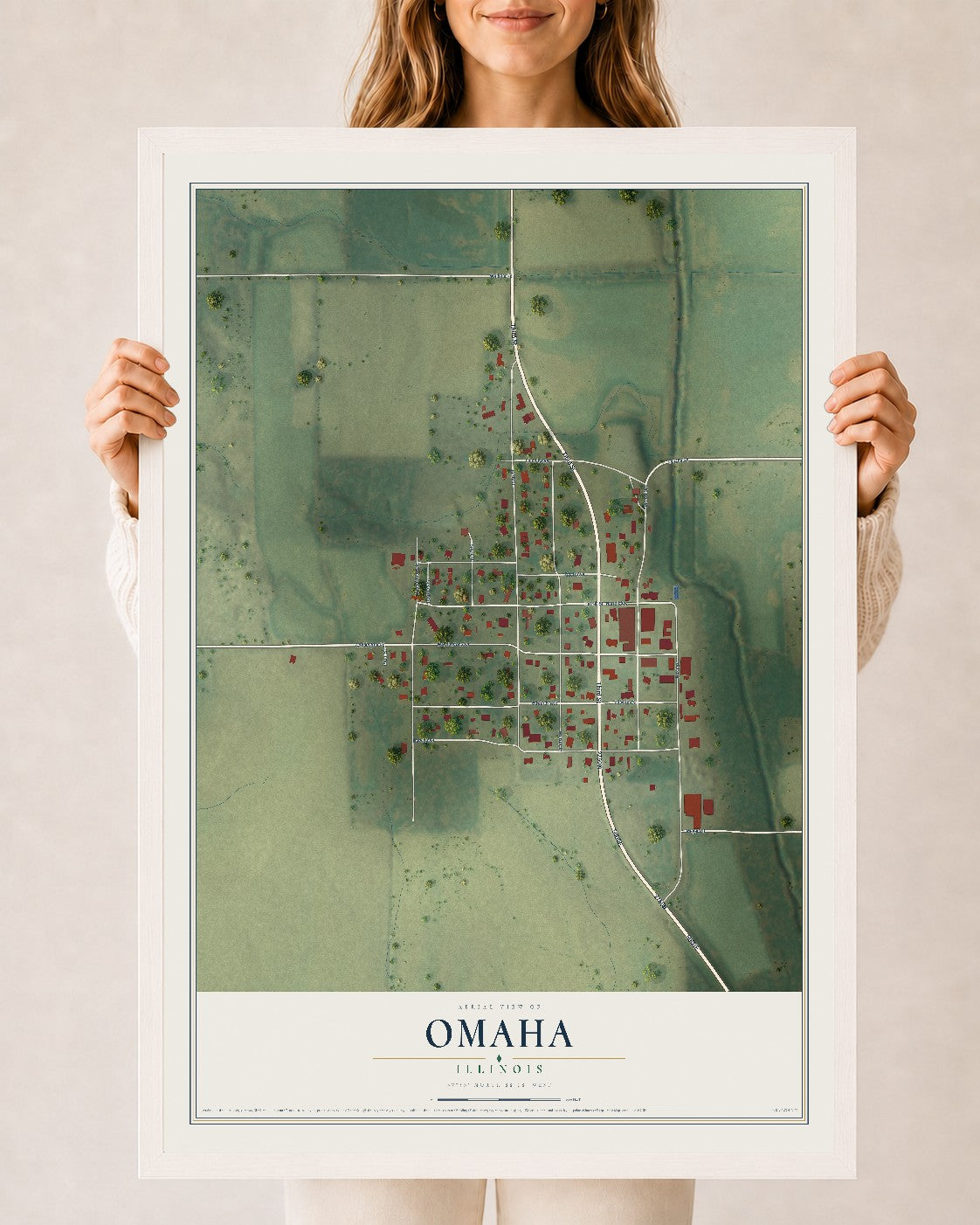 Map of Omaha, Illinois, 24 x 36 inch print in a white wood frame