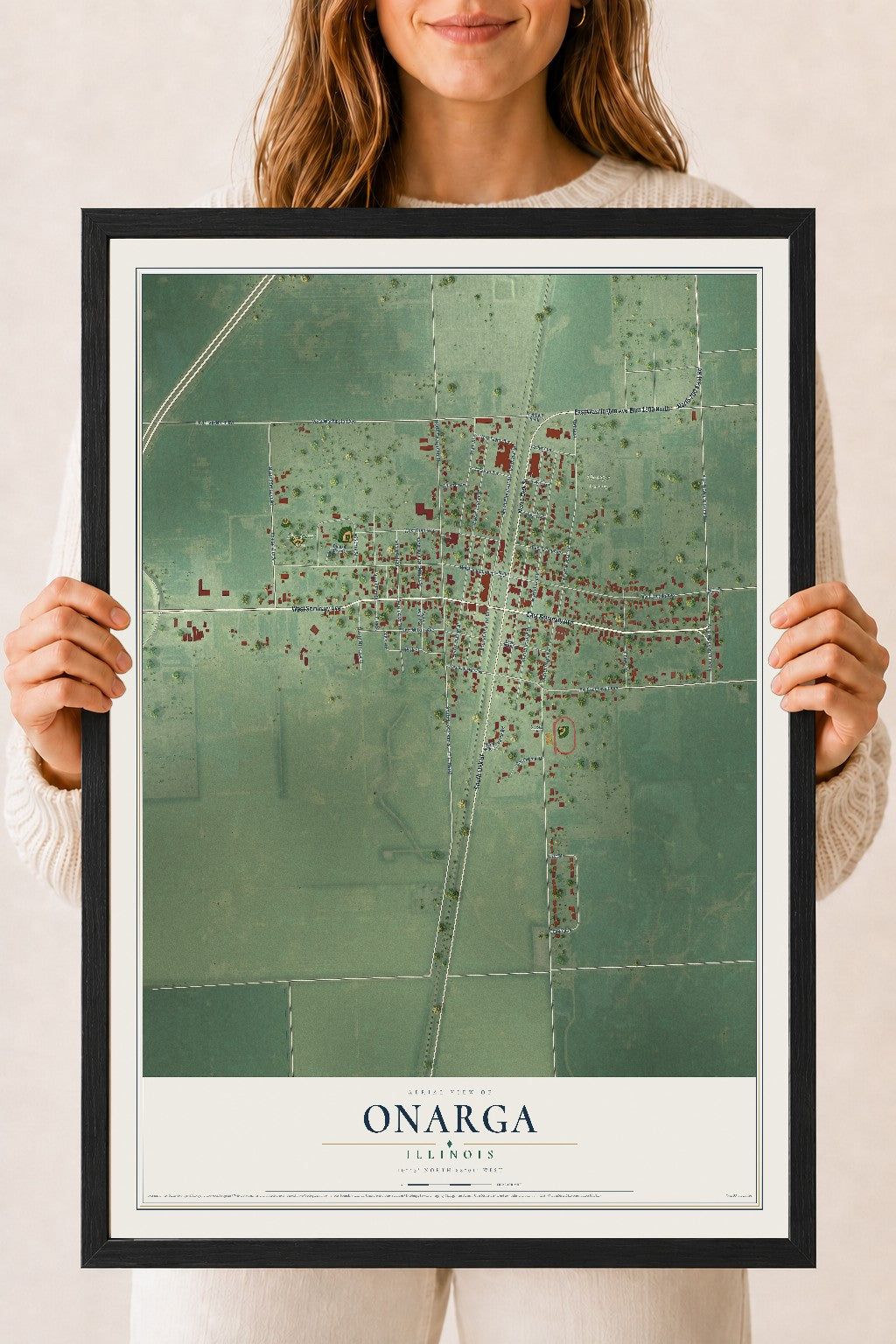 Map of Onarga, Illinois, 18 x 24 inch print in a black wood frame