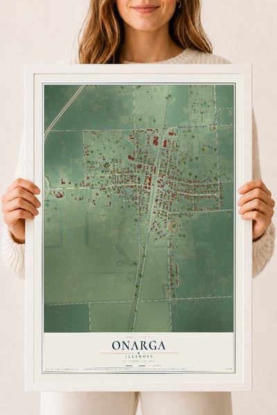 Map of Onarga, Illinois, 18 x 24 inch print in a white wood frame