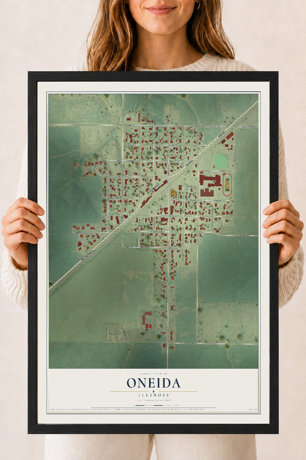 Map of Oneida, Illinois, 18 x 24 inch print in a black wood frame