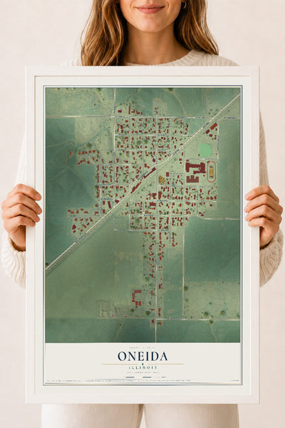 Map of Oneida, Illinois, 18 x 24 inch print in a white wood frame