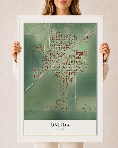 Map of Oneida, Illinois, 24 x 36 inch print in a white wood frame