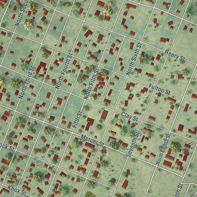 Close-up of the map of Oquawka, Illinois print showing street and building detail