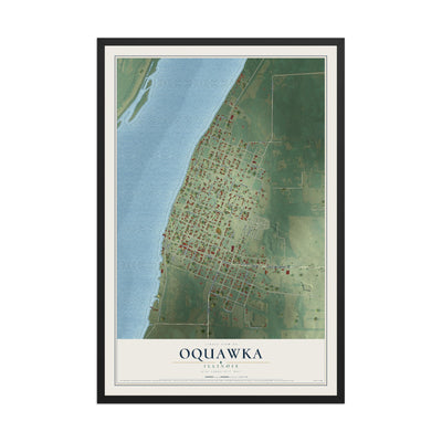 Map of Oquawka, Illinois, 12 x 18 inch print in a black wood frame