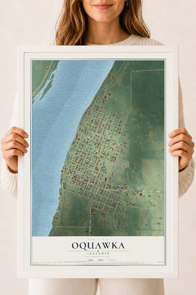 Map of Oquawka, Illinois, 18 x 24 inch print in a white wood frame