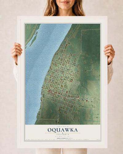 Map of Oquawka, Illinois, 24 x 36 inch print in a white wood frame