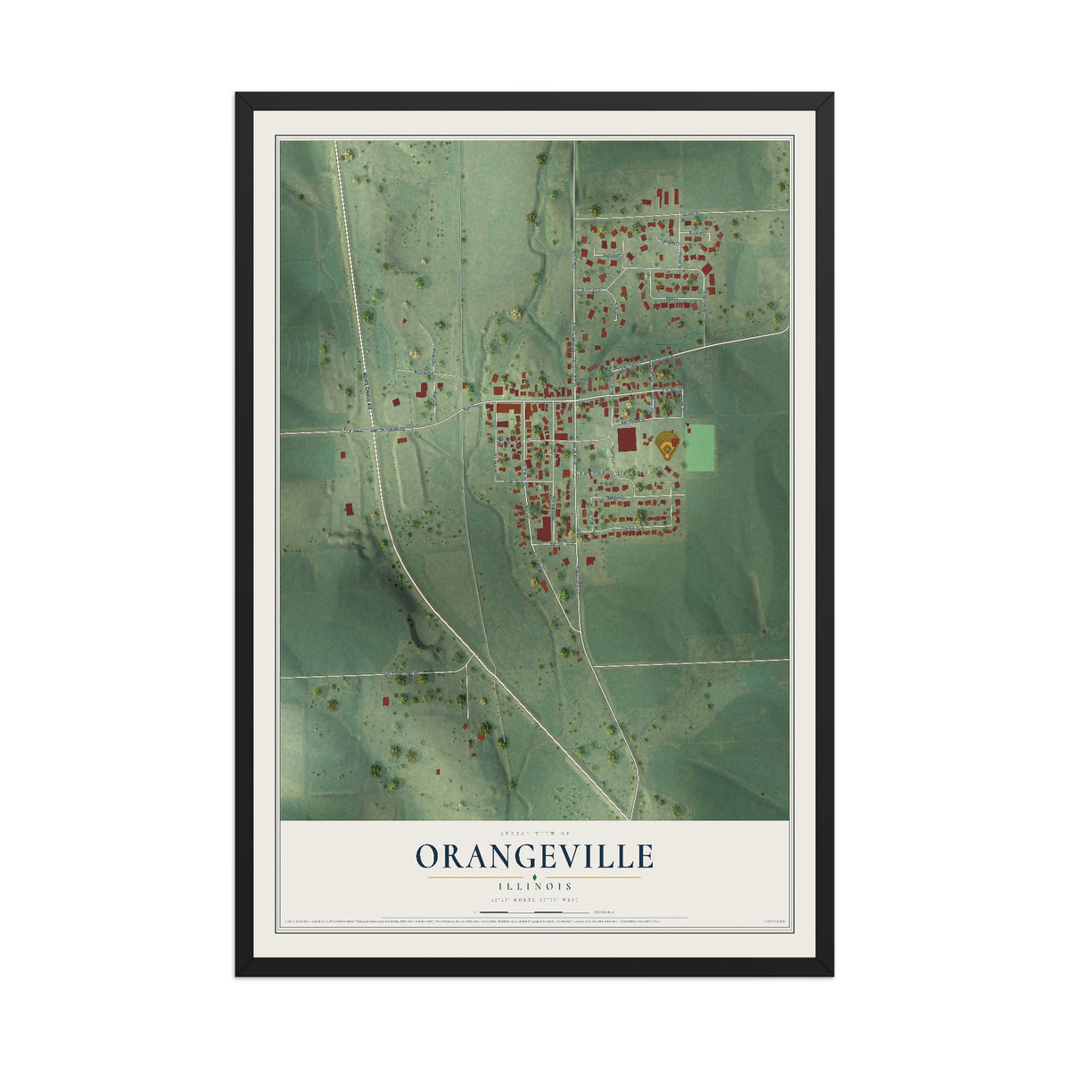 Map of Orangeville, Illinois, 12 x 18 inch print in a black wood frame
