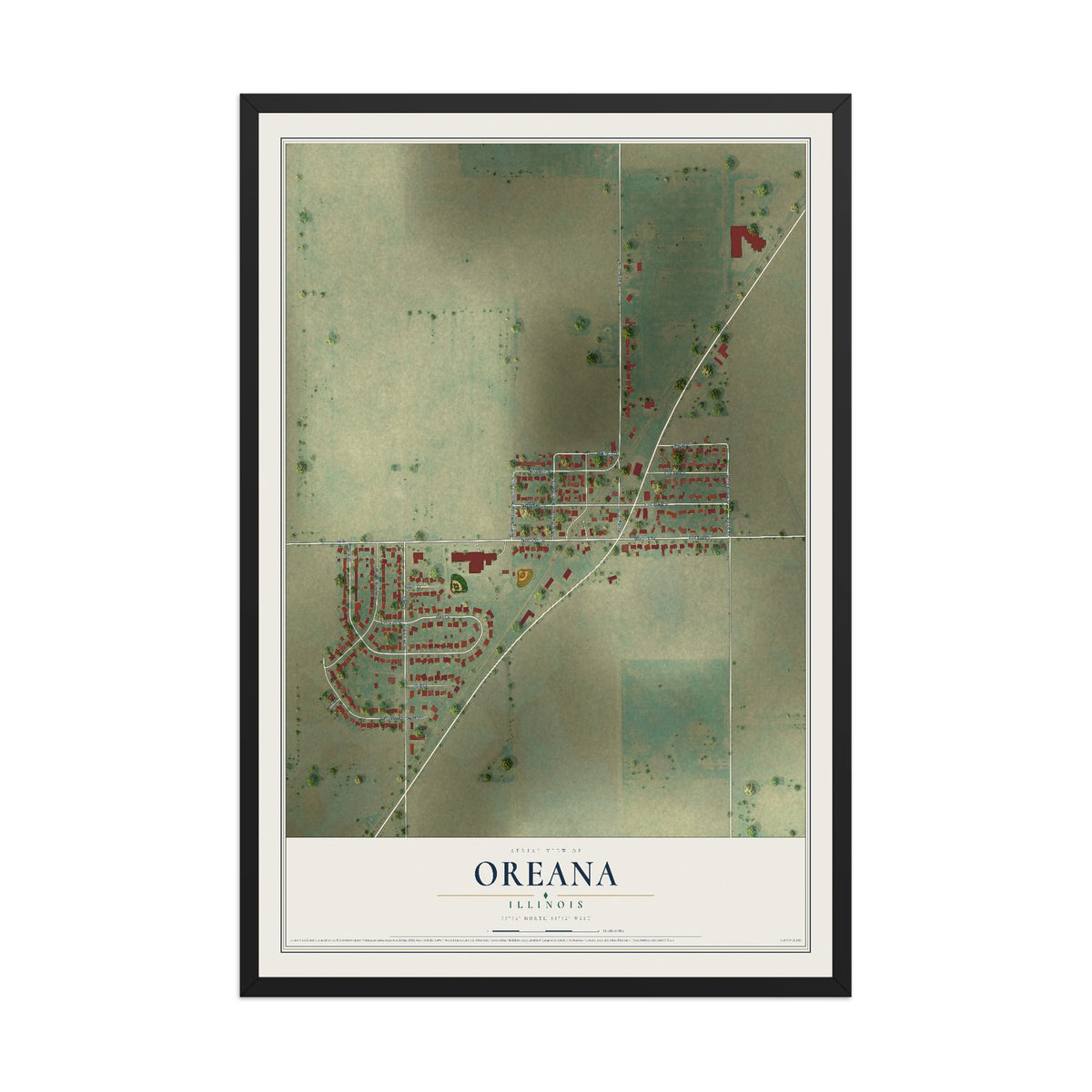 Map of Oreana, Illinois, 12 x 18 inch print in a black wood frame