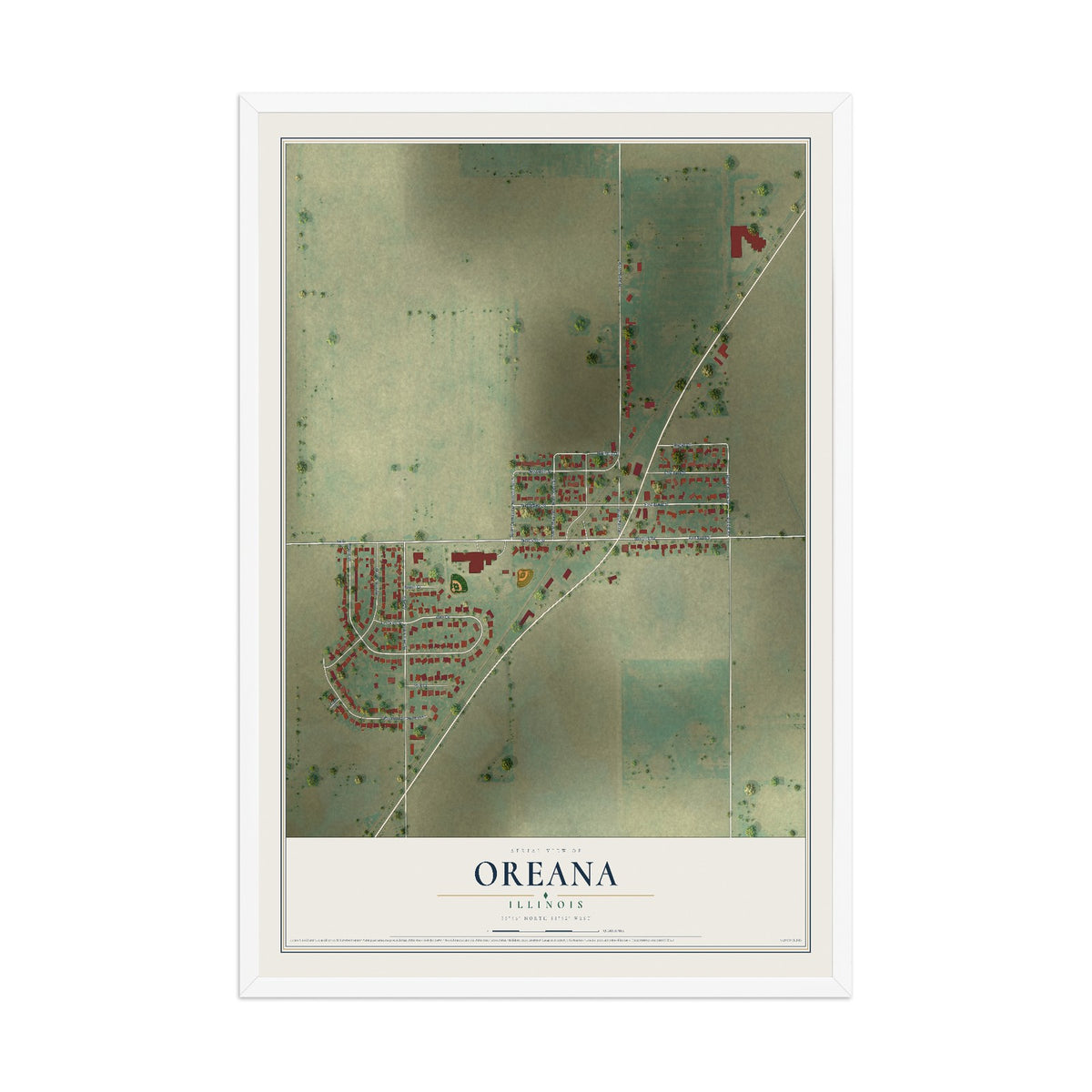 Map of Oreana, Illinois, 12 x 18 inch print in a white wood frame