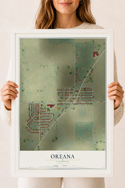 Map of Oreana, Illinois, 18 x 24 inch print in a white wood frame