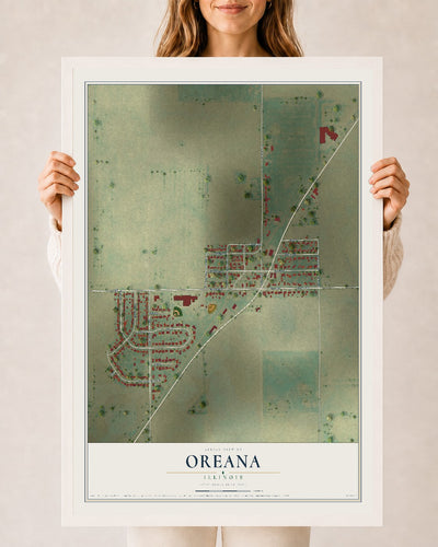 Map of Oreana, Illinois, 24 x 36 inch print in a white wood frame