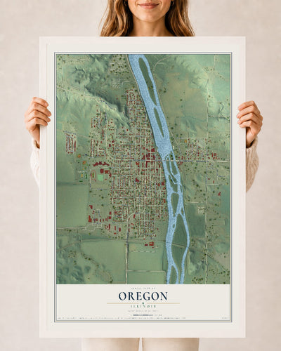 Map of Oregon, Illinois, 24 x 36 inch print in a white wood frame