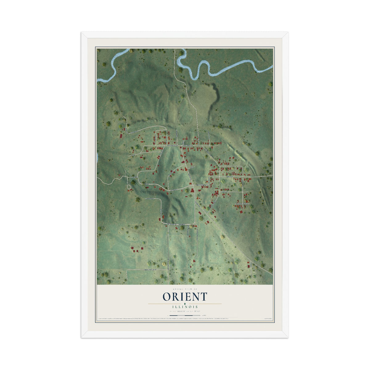 Map of Orient, Illinois, 12 x 18 inch print in a white wood frame